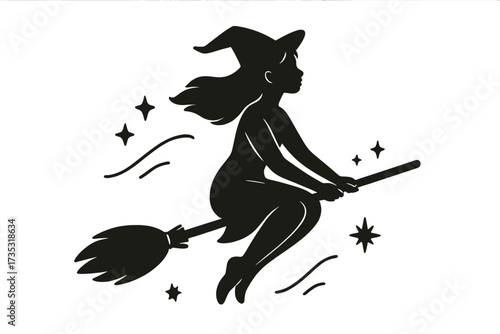 Halloween witch silhouette vector. Young woman character flying on a broom in the night sky with stars. Mystical sorceress magic concept for a spooky fantasy holiday.