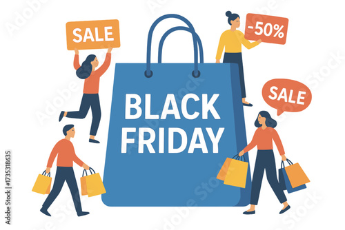Black Friday sale vector illustration. Tiny people run with shopping bags around a giant paper bag. Big discount, 50 percent off. Special offer promotion for advertising.
