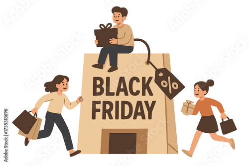 Black Friday sale event concept. Young happy people characters running with shopping bags and gifts. Customers buying things with a big discount. Flat vector illustration.