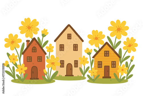 Charming village of cute old houses among huge yellow spring wildflowers. Lovely building illustration in flat vector style. Retro town concept isolated on white background. Vector cartoon.