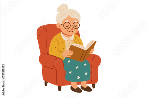Senior woman reading book in armchair. Cute grandmother relaxing. Vector flat hand drawn illustration. Elderly person lifestyle, retirement hobby, leisure, education, storytelling.