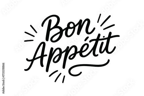 Bon appetit hand written lettering quote. Enjoy your meal in French. Hand drawn calligraphy for restaurant menu, poster or print. Linear vector illustration for kitchen or cafe.
