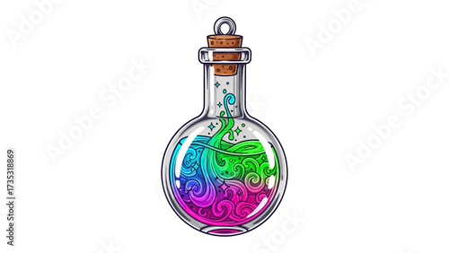 Magical Potion in Bottle: A whimsical illustration of a captivating potion bottled in a glass vessel, showcasing a vibrant and mesmerizing blend of colors with sparkling effects.