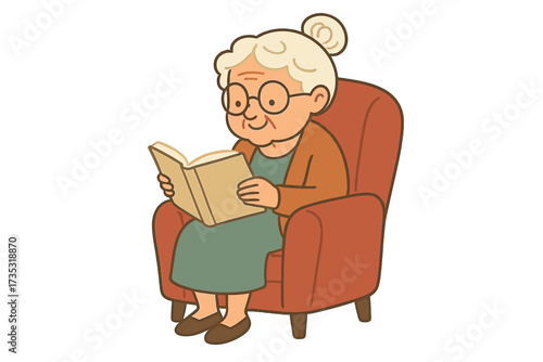 Happy senior woman reading a book in a red armchair. Concept for a peaceful retirement lifestyle, hobbies for the elderly, and lifelong learning. Vector flat cartoon illustration.