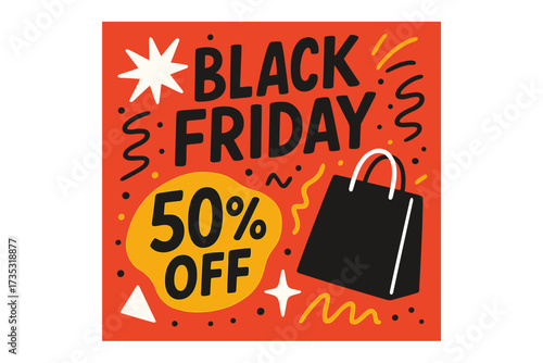 Black Friday sale banner with 50 percent off discount. Modern poster for goods advertisement. Vector flat illustration with hand lettering. Shopping bag for promotion design.