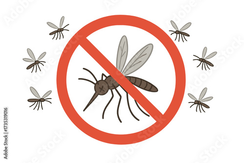 Anti mosquito sign vector illustration. No mosquitoes symbol. Stop pest insect icon. Red warning sign with dead gnat for repellent spray, oil, and patches ads. Pest control concept.
