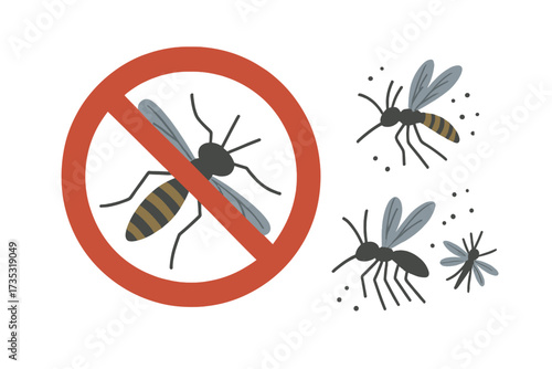 Anti mosquito stop sign. Insect control concept. Gnat pest flat hand drawn illustration for repellent oil, spray, patches ads. Warning poster. Flying insects isolated vector set.