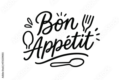 Bon appetit hand written lettering quote. French food phrase for enjoy your meal. Hand drawn calligraphy for restaurant menu. Linear typography illustration with fork and spoon.