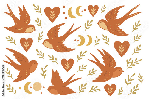 Boho style flying swallow seamless pattern with heart and moon phases. Folk art design elements. Vector illustration set. Cute vintage hand drawn celestial nature concept for print.