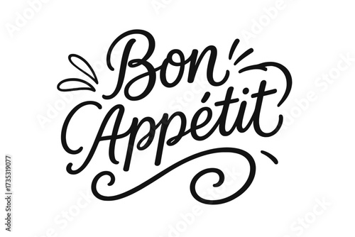 Bon appetit hand written lettering quote. Hand drawn calligraphy for restaurant menu. Modern line typography. Isolated vector illustration for food, kitchen, or culinary branding.