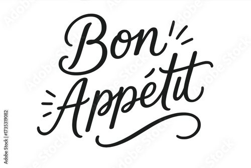 Bon appetit hand written lettering quote. Hand drawn calligraphy background. French phrase for enjoy your meal. Modern typography for restaurant menu, kitchen decor, cafe sign.