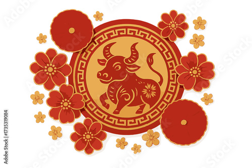 Chinese New Year paper cut ox zodiac sign in circle frame. Greeting card in red and gold 3D papercraft style with flowers and asian umbrellas. Lunar new year of the bull.
