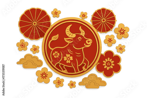 Chinese New Year paper cut art. Year of the Ox zodiac sign. Red and gold vector illustration with bull, flowers, paper umbrellas, and clouds. Asian lunar new year elements.