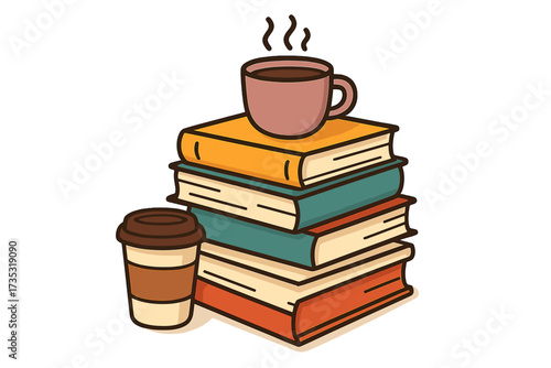 Drink good coffee, read good books lettering quote. Vector illustration of a book stack and coffee cups. Concept for reading, studying, education, library, knowledge, cozy hobby.