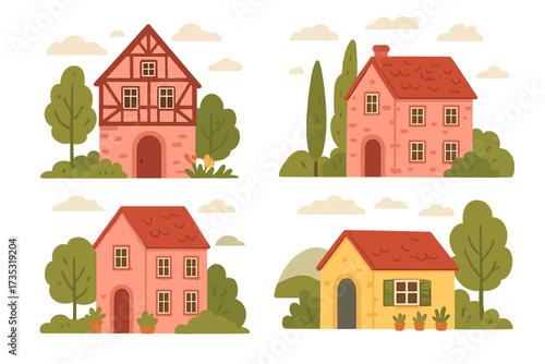 European houses set. Old traditional town buildings. Cute cartoon village. Vector illustration. Provincial architecture. Countryside homes. Real estate icon. Cozy street constructor.