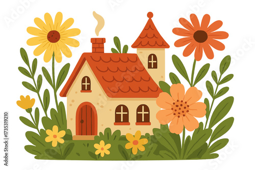Charming cartoon house with a red roof in a lush summer flower garden. Whimsical fairytale cottage with a tower. Vector flat hand drawn illustration isolated on white.