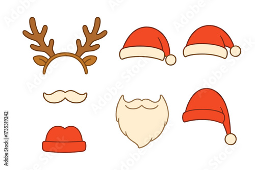 Christmas photo booth props set for party. Santa Claus face constructor with beard, mustache, and hats. Create a character with funny reindeer antlers. Vector elements kit.