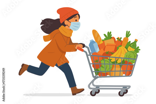 Panic buying groceries. Woman in mask running with full shopping cart. Hoarding food. Supermarket rush. Coronavirus COVID-19 pandemic concept. Winter season. Fear of scarcity.