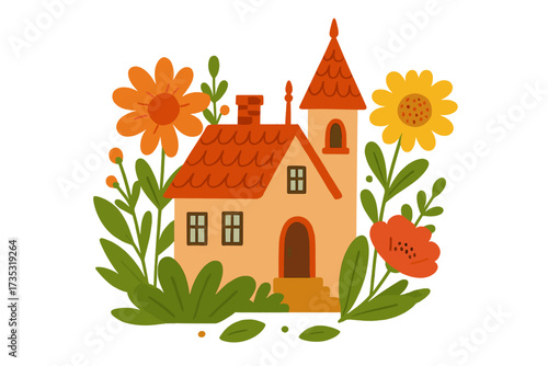 Fabulous red roof house with a tower in a fantasy garden with big summer flowers. Whimsical home, vector flat hand drawn cartoon illustration for storybook design element.