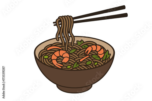 Soba noodles with shrimp vector illustration. Japanese buckwheat noodle soup bowl with prawn, chopsticks. Asian food cuisine concept. Traditional meal, flat isolated design.