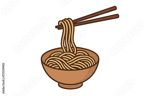 Japanese buckwheat soba noodles in a bowl. Chopsticks picking up cooked noodles. Asian food concept. Traditional cuisine from Japan. Vector illustration in flat cartoon style.