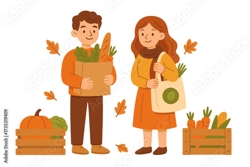 Couple shopping with eco and paper bags at an autumn farmers market. Man and woman with fresh groceries. Healthy eating, sustainable lifestyle, zero waste concept. Vector flat design.