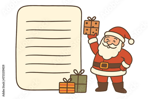 Letter to Santa Claus vector template. Cute cartoon Santa with gift boxes and a blank Christmas wish list. Funny hand-drawn holiday illustration for greeting card or message.