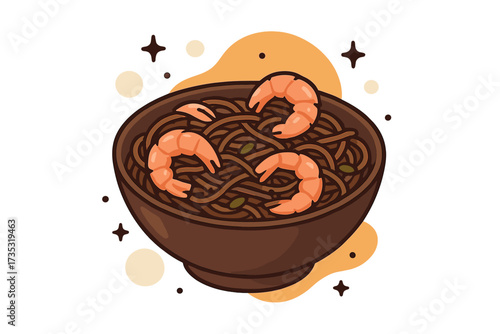 Soba buckwheat noodles with shrimp in a bowl. Asian fast food concept for cafe or restaurant menu. Wok-cooked Japanese cuisine icon. Vector seafood dish illustration isolated.