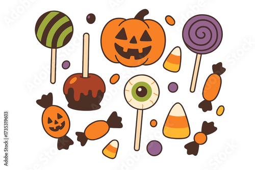 Halloween trick or treat candy set. Cute cartoon vector illustration collection. Spooky sweets, jack-o'-lantern pumpkin, eyeball lollipop, candy corn, caramel apple dessert.