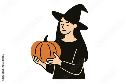 Halloween witch with pumpkin vector. Minimalistic greeting card design. Young sorceress woman holding pumpkin. Autumn party invitation. Hand drawn trendy modern character.