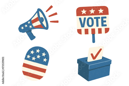 Get out the vote vector illustration set. American presidential election day icons. Political campaign elements with megaphone, ballot box, and sign. Patriotic USA sticker pack.
