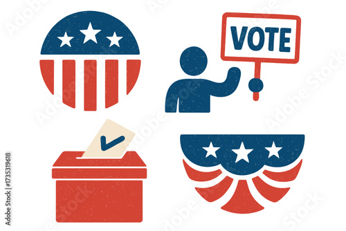 Vote icon set for US election. American political campaign symbols. Ballot box, patriotic sign, stars and stripes emblem. Get out the vote for democracy and civic duty.