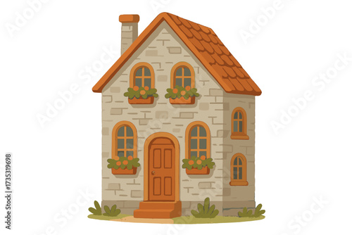 Gray brick house vector illustration. Cute traditional cottage with orange roof and flowers in window boxes. Detailed building facade for real estate, property, and home concepts.