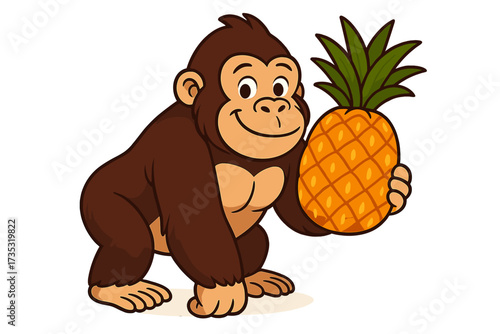 Cute cartoon gorilla character holding a fresh pineapple. Funny smiling ape mascot for kids. Strong primate with tropical fruit. Vector illustration for jungle or zoo themes.