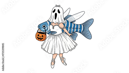 Halloween Fantasy: An enchanting illustration of a whimsical Halloween creature, a ghostly figure intertwined with a fish, set to celebrate the holiday with a uniquely designed pumpkin bucket.