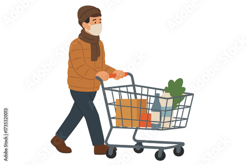 Man in face mask shopping in supermarket with cart. Customer buying food during coronavirus pandemic. Covid-19 quarantine, health safety concept. Vector cartoon illustration.