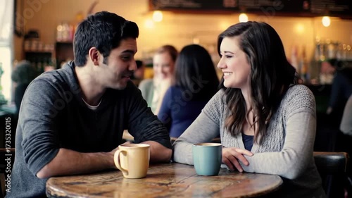 A young couple enjoying a casual conversation over coffee in a cozy cafe.