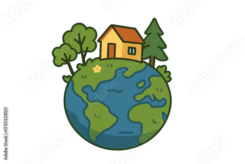 Earth Day vector concept. Save the planet. Small house and trees on a green globe. Ecology and environment protection. World, home, nature conservation. Flat cartoon illustration.