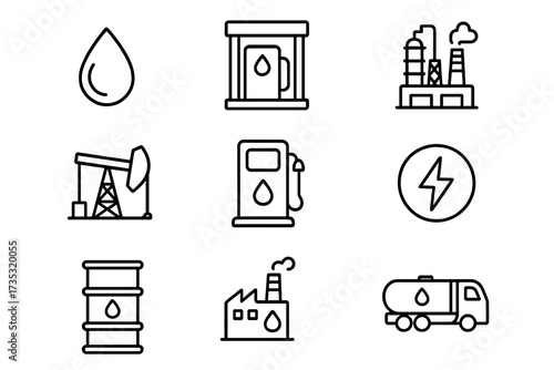 Oil and gas industry line icon collection. Fuel production and energy concept. Petroleum, gas station, refinery, oil well, pumpjack, gas pump, barrel, transportation vector set.