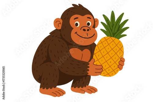 Cute cartoon gorilla with pineapple. Funny smiling ape character holding tropical fruit. Vector illustration for kids. Adorable animal mascot design with texture on white background.