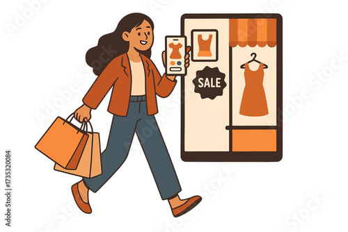 Online shopping on Black Friday sale. Woman with bags buying clothes on mobile app. E-commerce concept. Fashion boutique customer ordering on phone. Vector character illustration.