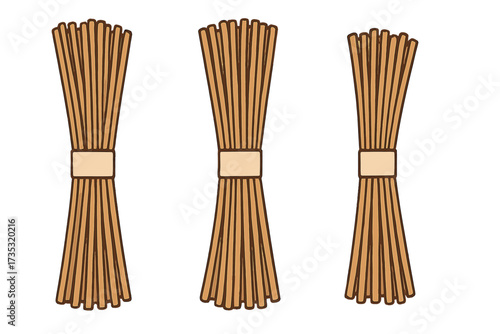 Raw buckwheat soba noodles isolated on white background. Vector illustration of traditional Japanese food, Asian cuisine ingredient. Dry noodle bunches for cooking meal.