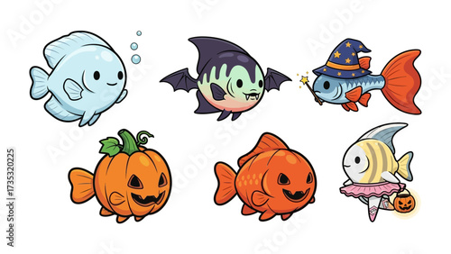 Whimsical Halloween Fish: A collection of charming, cartoonish fish transformed with Halloween-themed costumes, capturing the spooky spirit of the season.