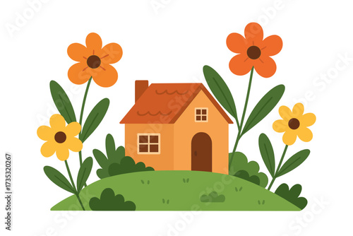 Home sweet home concept with a cozy house on a green hill with a meadow and big flowers. Flat vector illustration for real estate, greeting card, or idyllic scenery. Cartoon style.