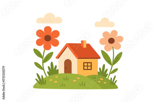 Home sweet home concept with cute cartoon house on a green hill. Vector illustration of a small cottage in a spring garden with big flowers, clouds, and meadow. Flat design.