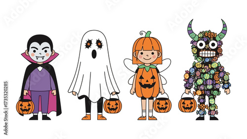 Halloween Costume Parade: A charming illustration capturing four children dressed in classic Halloween costumes. Each child holds a pumpkin basket.