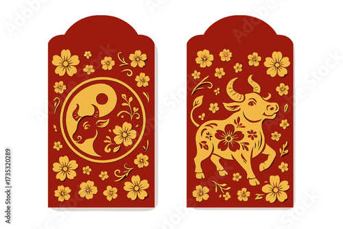 Chinese New Year red packet design for the Year of the Ox. Vector illustration of a golden ox zodiac animal in paper cut style with yin yang symbol and flowers on a red envelope.