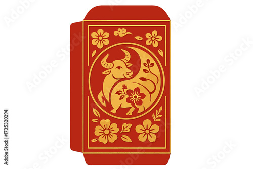 Chinese New Year Ang Pau vector. Year of the Ox red money packet. Gold paper cut zodiac ox and flower design. Traditional asian craft for good luck, prosperity and greeting.