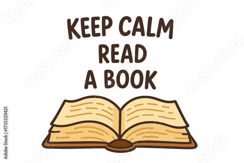 Keep calm and read a book lettering quote. Vector illustration with open book logo. Concept for bookstore, library, reading club. Hobby, study, education and relaxation.