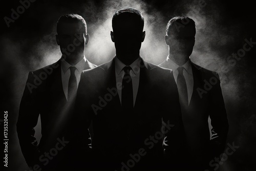 Three men wearing suits and ties standing closely together in a dark, smoky environment with dramatic backlighting creating silhouettes and a mysterious atmosphere